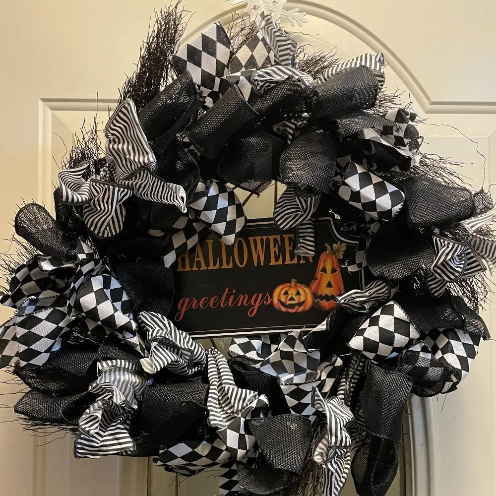 Halloween Door Wreath – Festive Black/Orange – NWOT